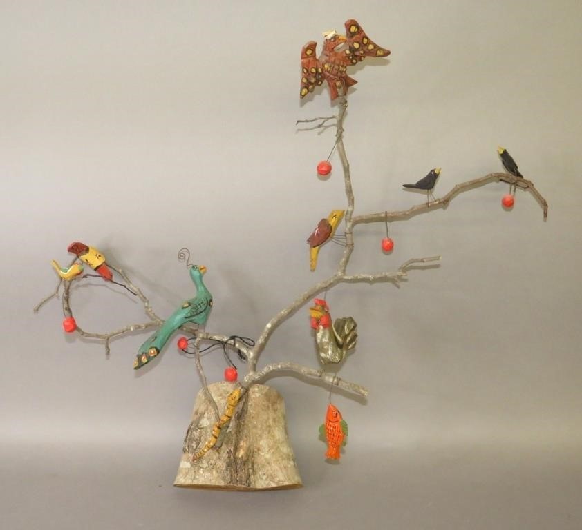 FOLK ART CARVED WALL MOUNT BIRD TREE