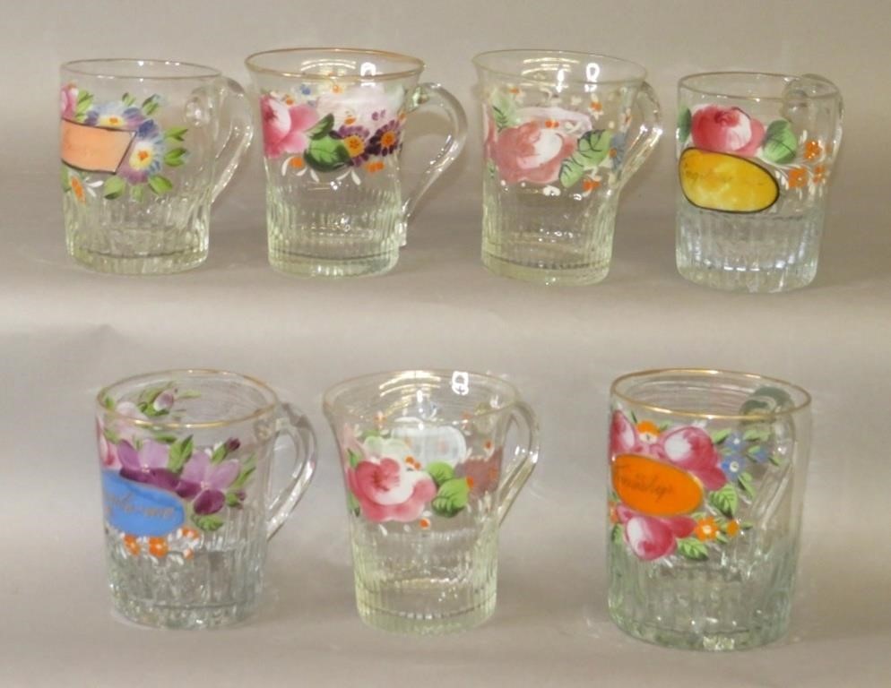 7 BLOWN UNCOLORED GLASS MUGS ENAMEL 300bfb