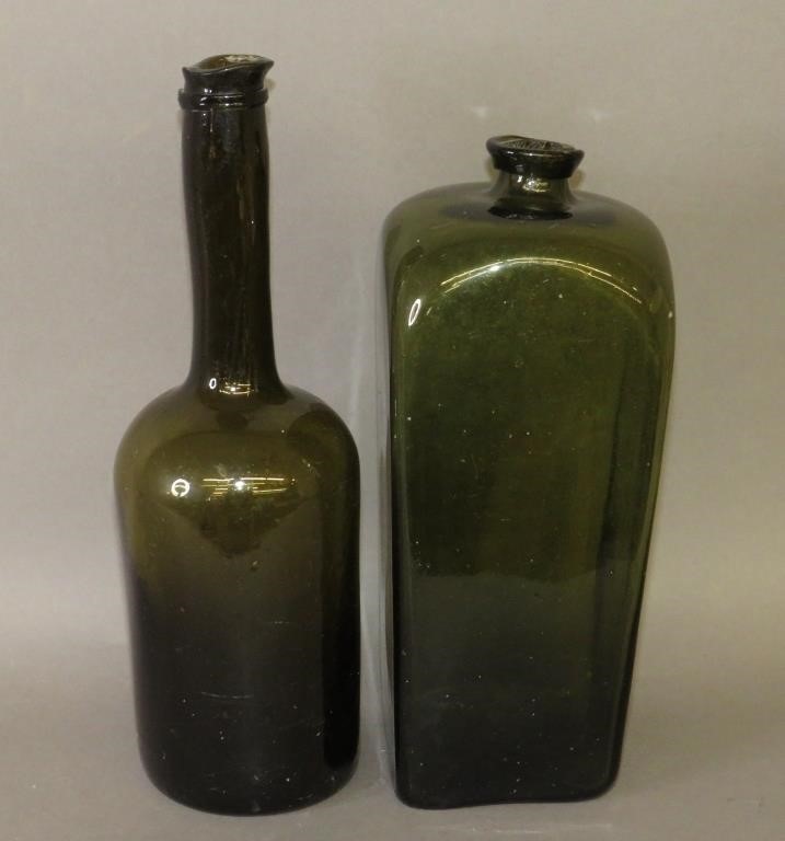 2 BLOWN OLIVE GREEN GLASS BOTTLESca  300bfd