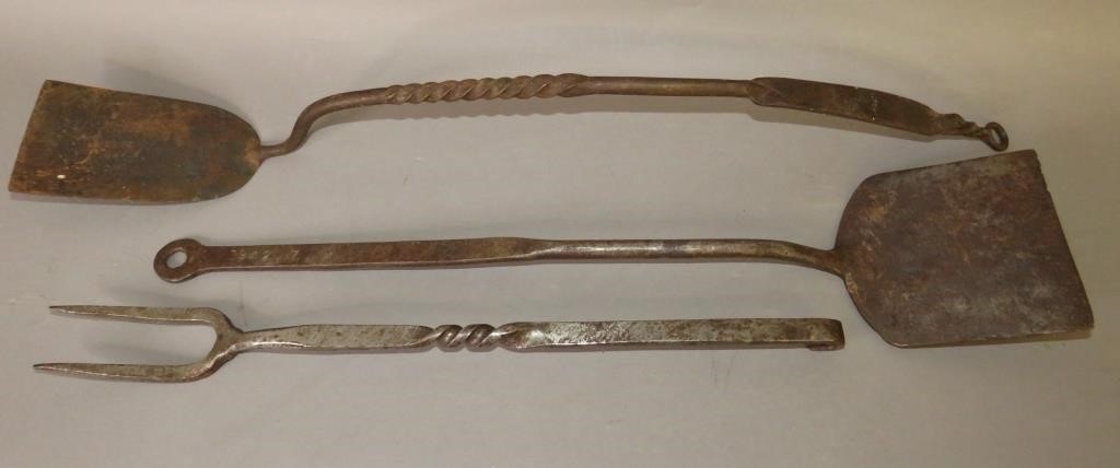 3 PRIMITIVE WROUGHT IRON UTENSILSca  300c12