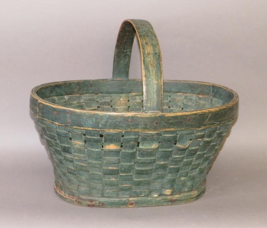 GREEN PAINTED OVAL HANDLED MARKET BASKETca.