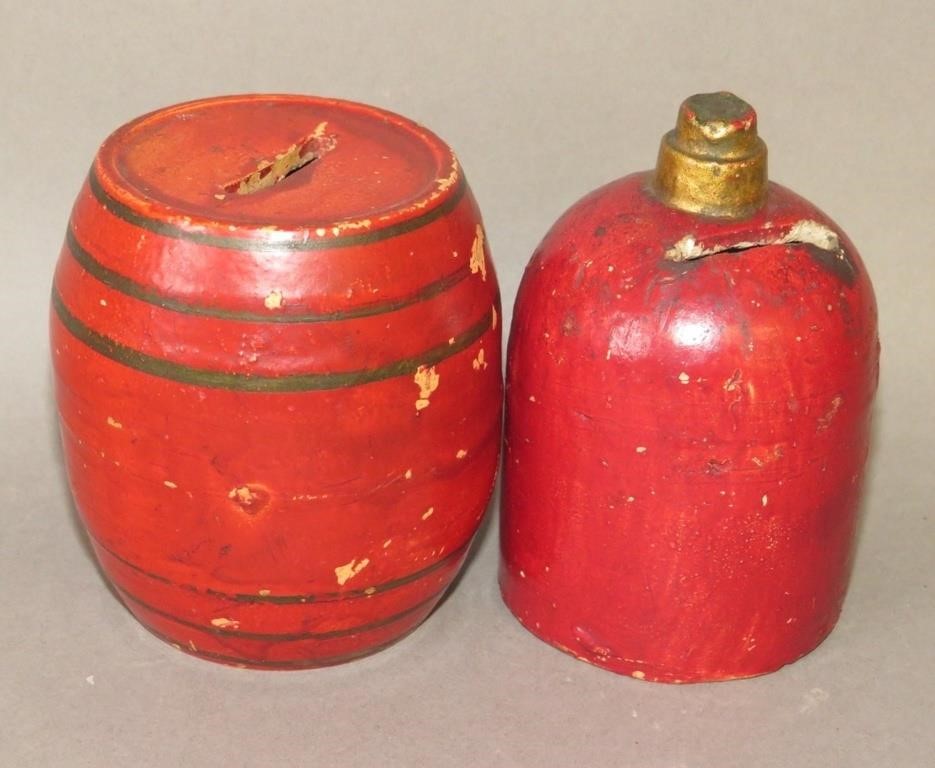 2 SMALL POTTERY BANKSca. 1900-1940;