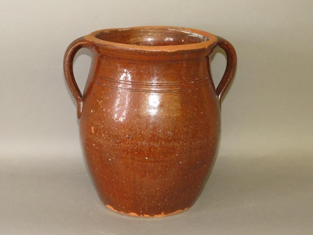 LARGE PA REDWARE TWO HANDLED CROCKca.