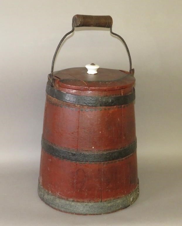 RED PAINTED LIDDED WATER BUCKETca. late