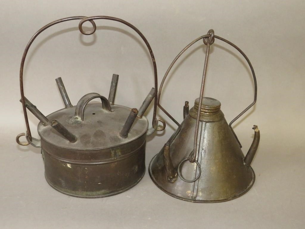 2 TIN MULTI-WICK HANGING LAMPSca. 1880-1920;