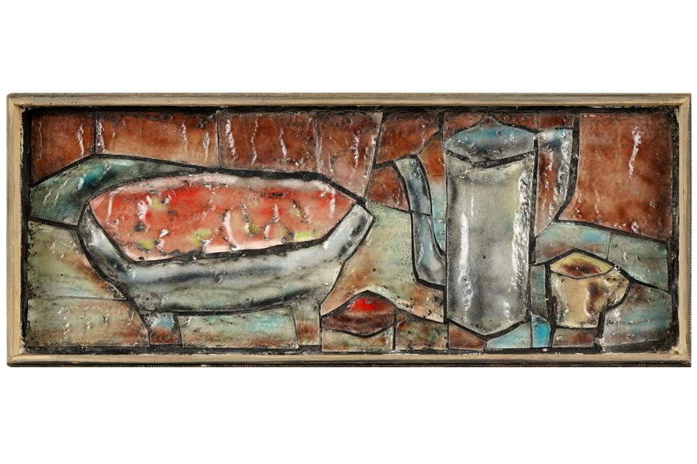 CERAMIC AND GLASS STILL LIFE PLAQUEinscribed 300eac