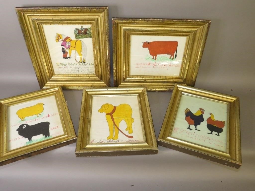 5 FRAMED FOLK ART PENCIL & WATERCOLOR