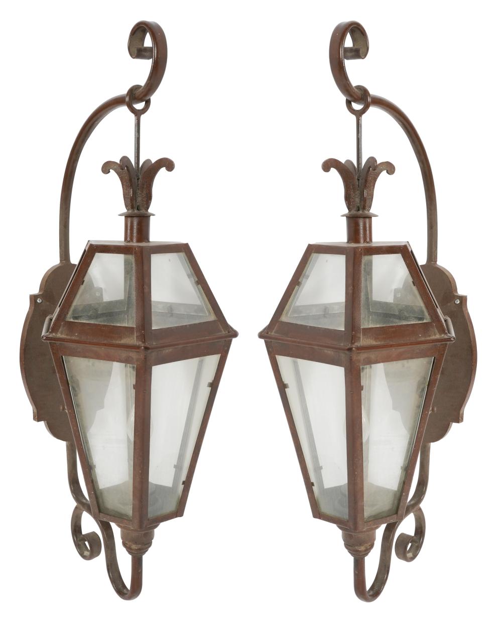 PAIR OF LANTERN WALL SCONCESpatinated 300f7e