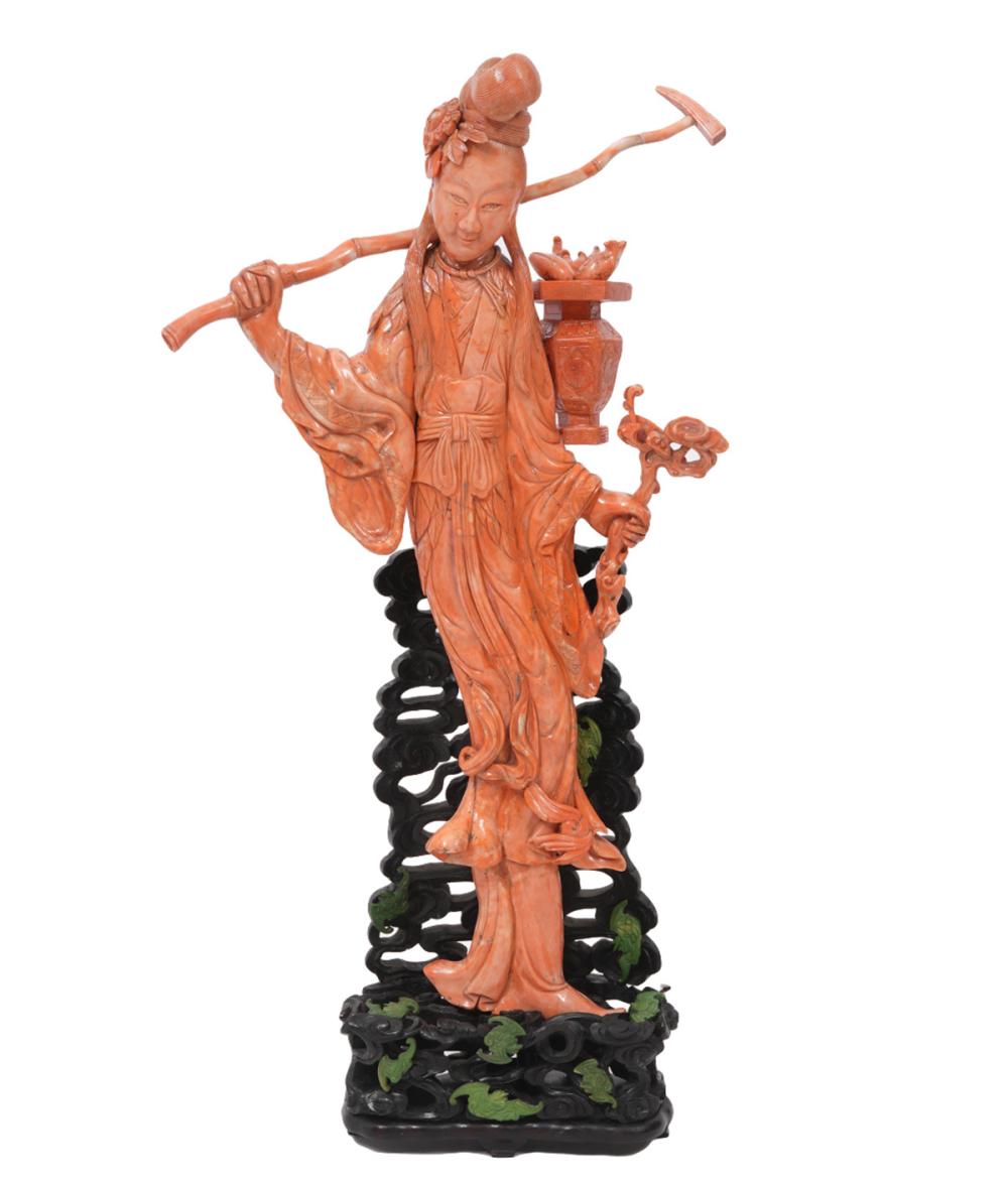 CHINESE CARVED CORAL FIGURE STAND  30105b