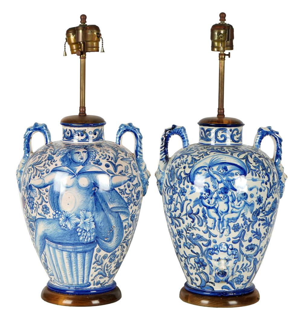 PAIR OF BLUE AND WHITE MAJOLICA