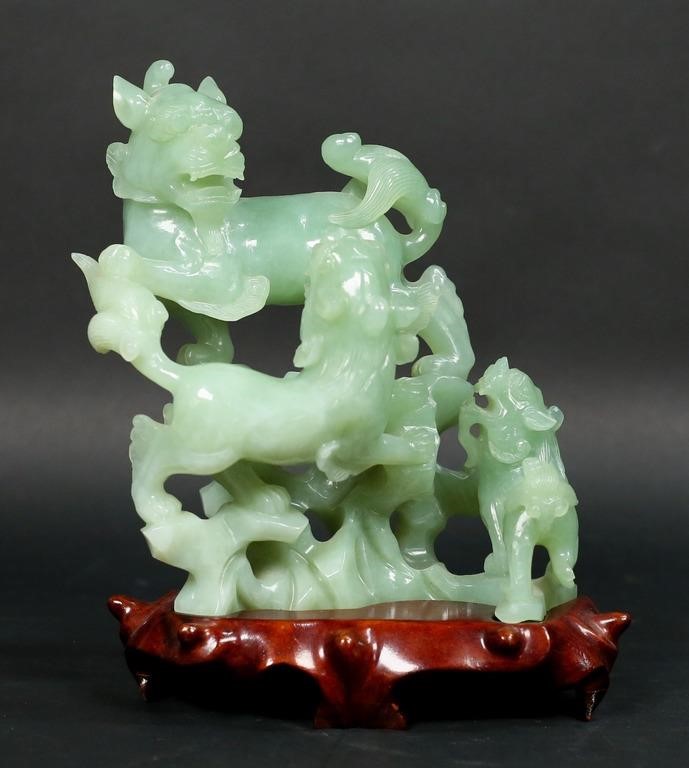 CARVED JADE FOO DOGS FIGURINECarved