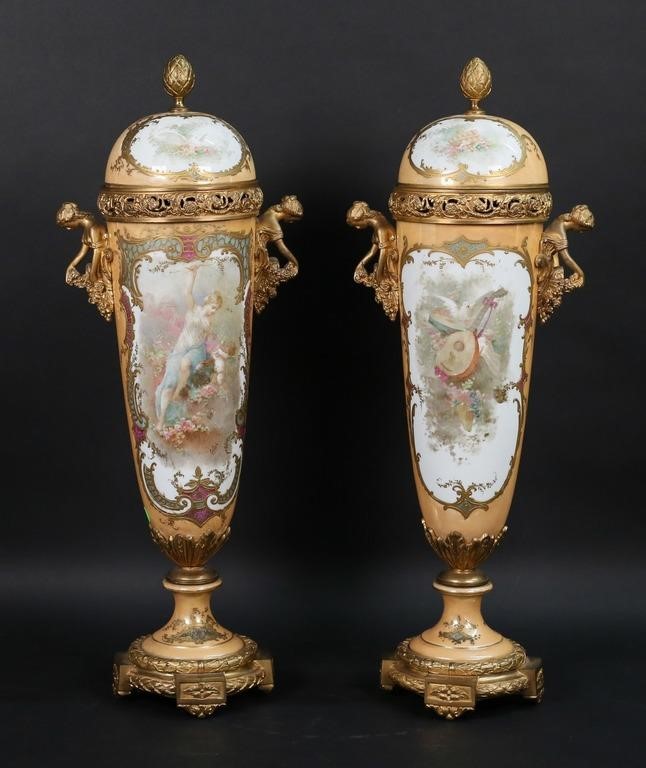 PAIR OF SEVRES STYLE PORCELAIN URNSPair