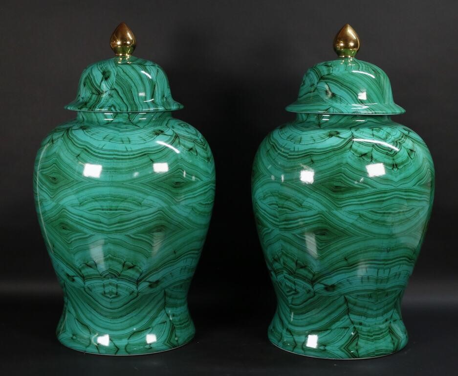 PAIR OF FAUX MALACHITE PORCELAIN TEMPLE