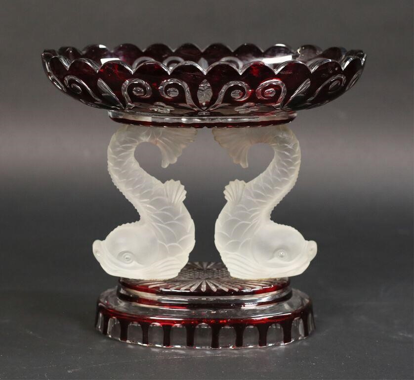 BOHEMIAN GLASS RUBY DOLPHIN COMPOTEBohemian 2feaed