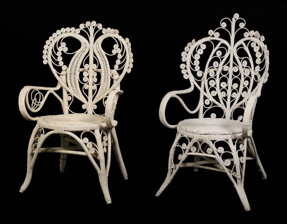 TWO VICTORIAN STYLE WHITE WICKER CHAIRSTwo