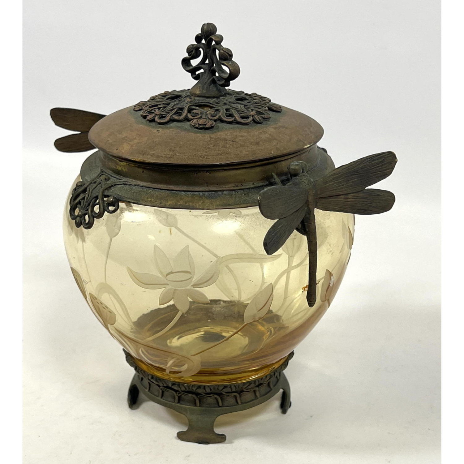 Decorative Etched Glass Lidded Jar.