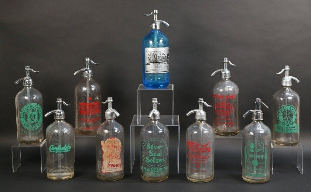 10 VINTAGE GLASS SELTZER BOTTLES CHICAGO,