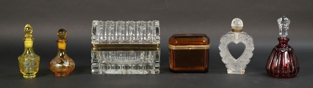 LOT OF GLASS PERFUME BOTTLES & DRESSER