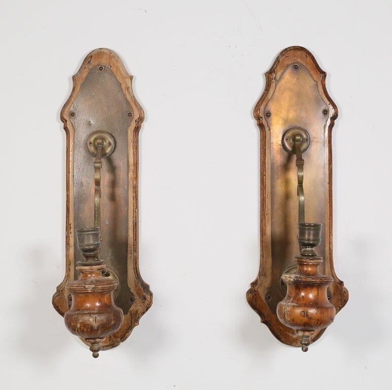 PAIR OF HARDWOOD AND COPPER SCONCESTwo