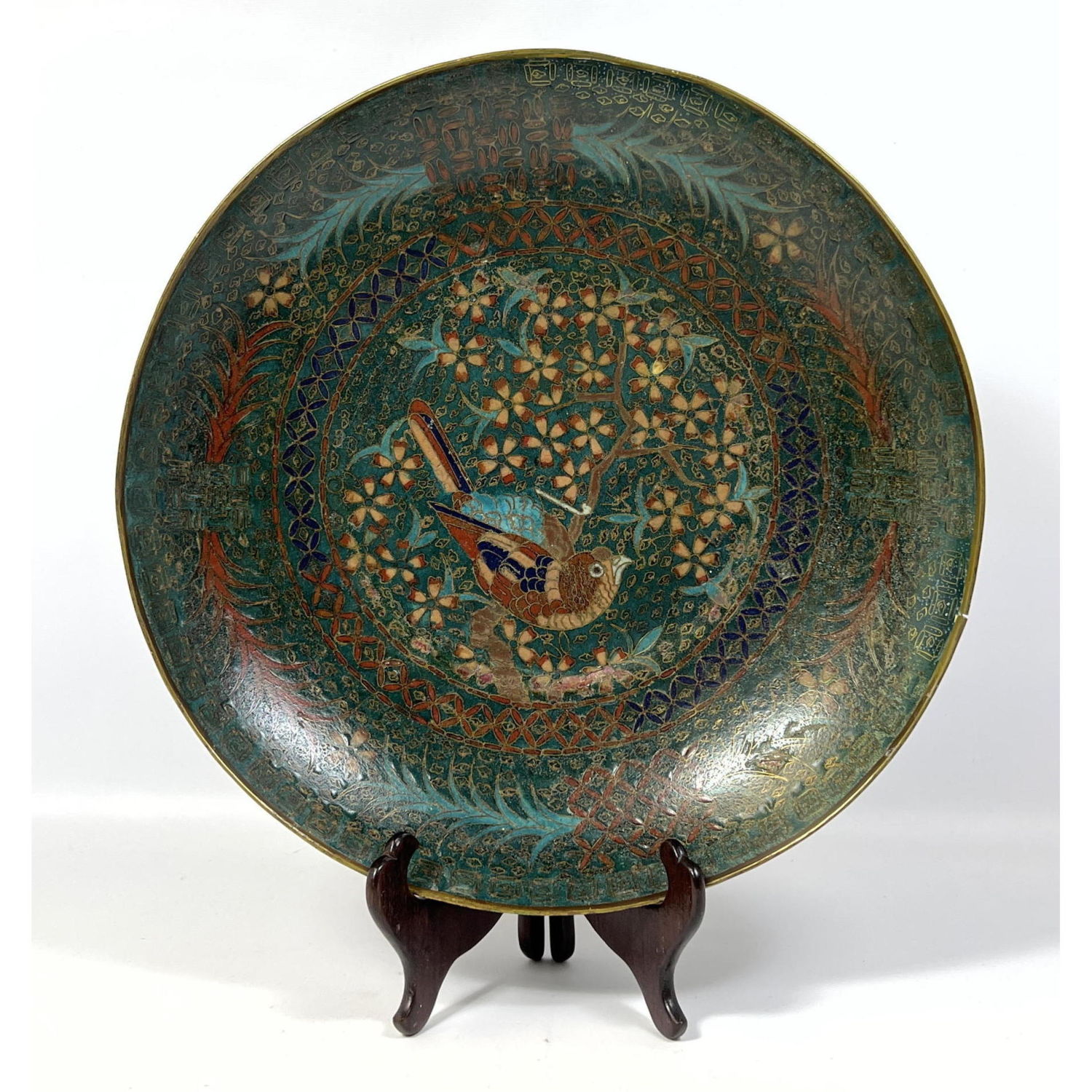 Older Cloisonne charger bird and