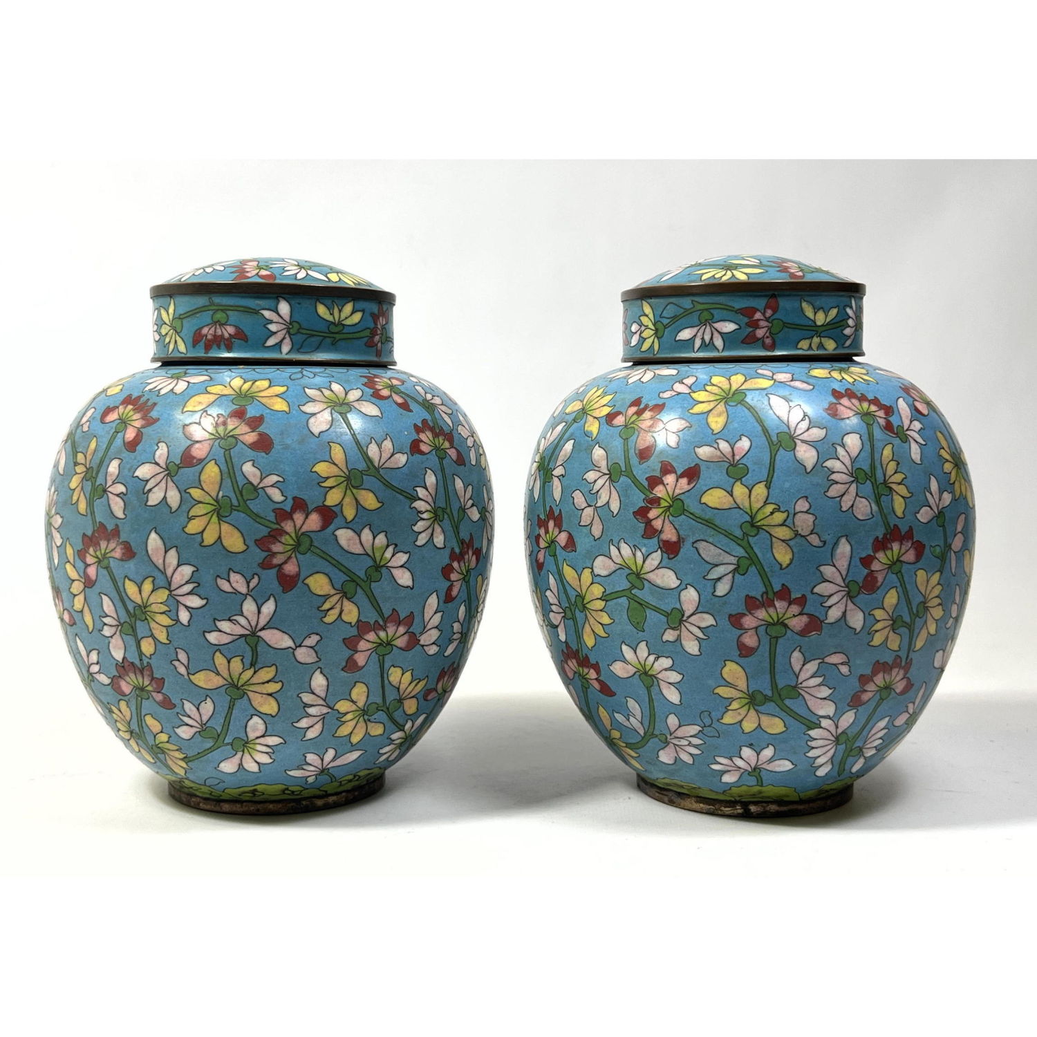 Pair Cloisonne covered jars turquoise 2fec65