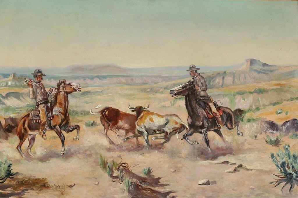 AFTER C.M. RUSSELL OIL ON CANVAS ROPING