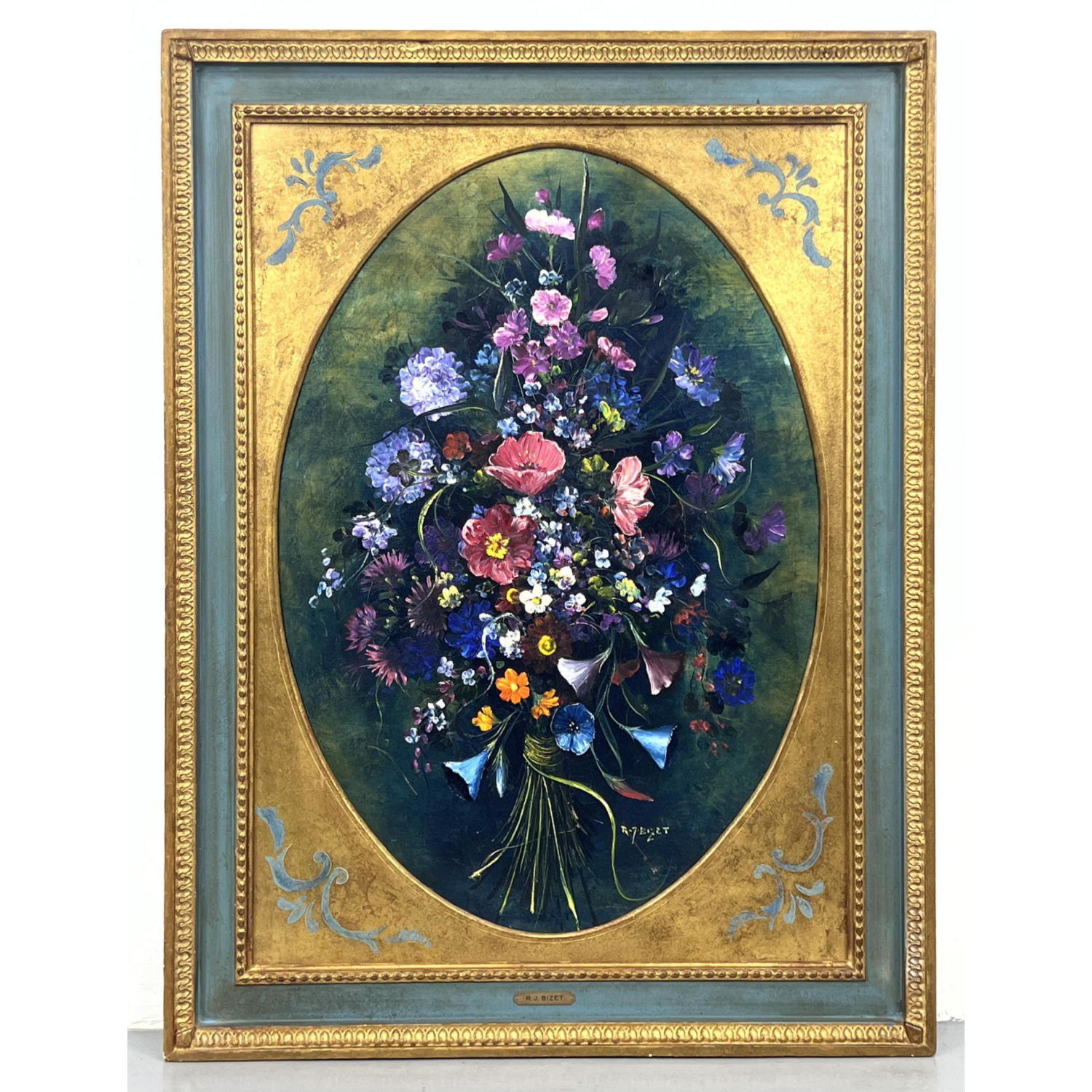 R. J. BIZET Oval Floral Bouquet Painting.