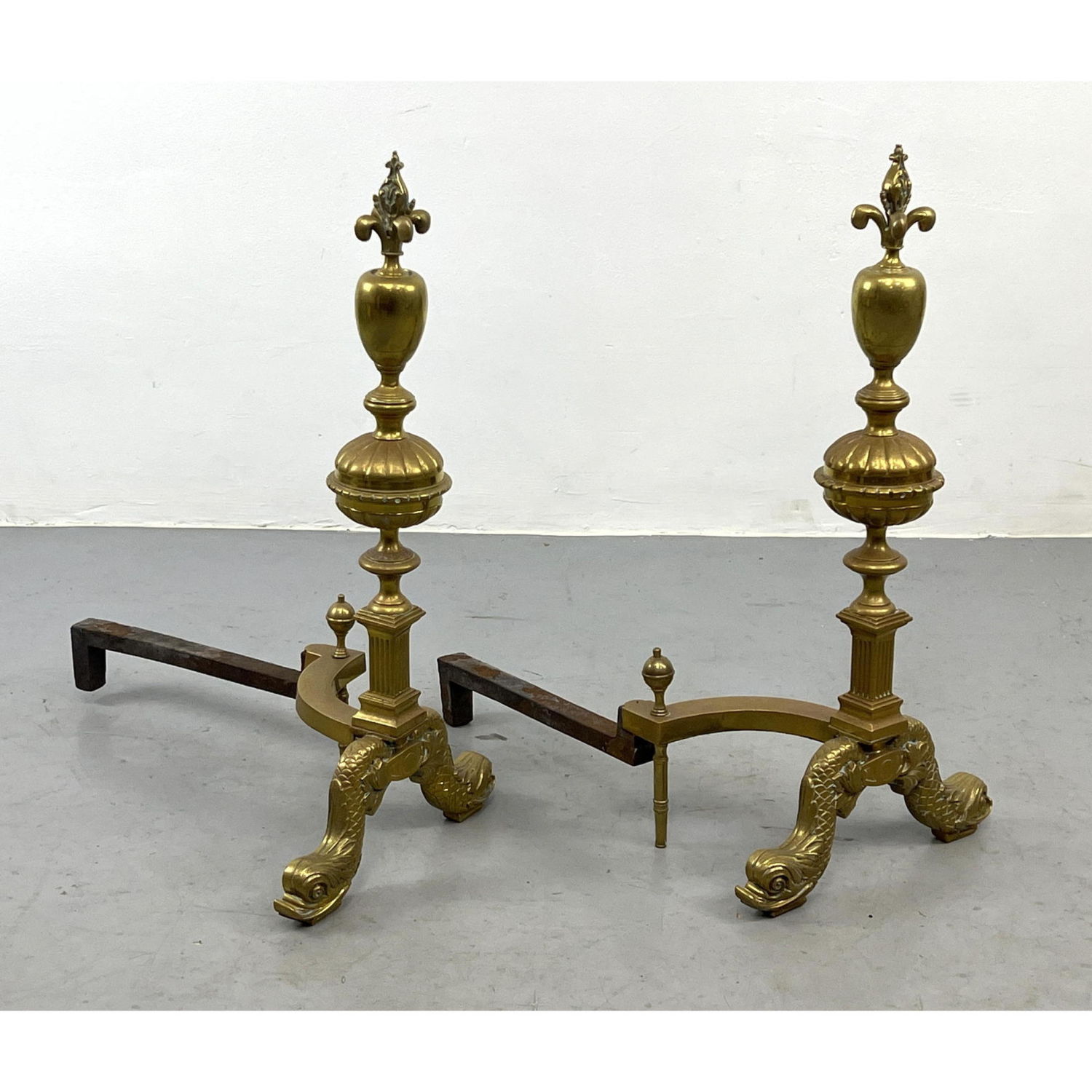 Pr Vintage Brass Andirons Dolphin 2fed4c