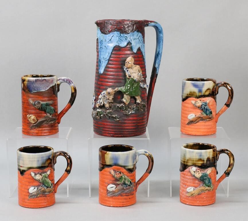 RYOSAI SUMIDA POTTERY PITCHER & 5 MUGS6