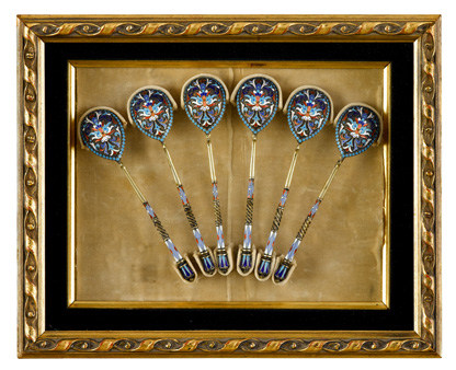 Set of six Russian enamel spoons   