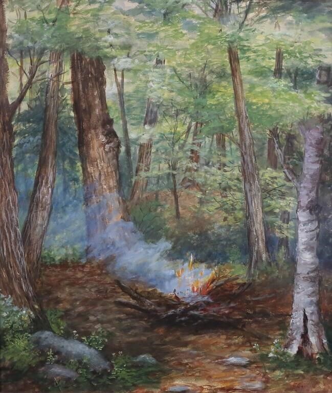 SIGNED WATERCOLOR CAMPFIRE IN WOODED