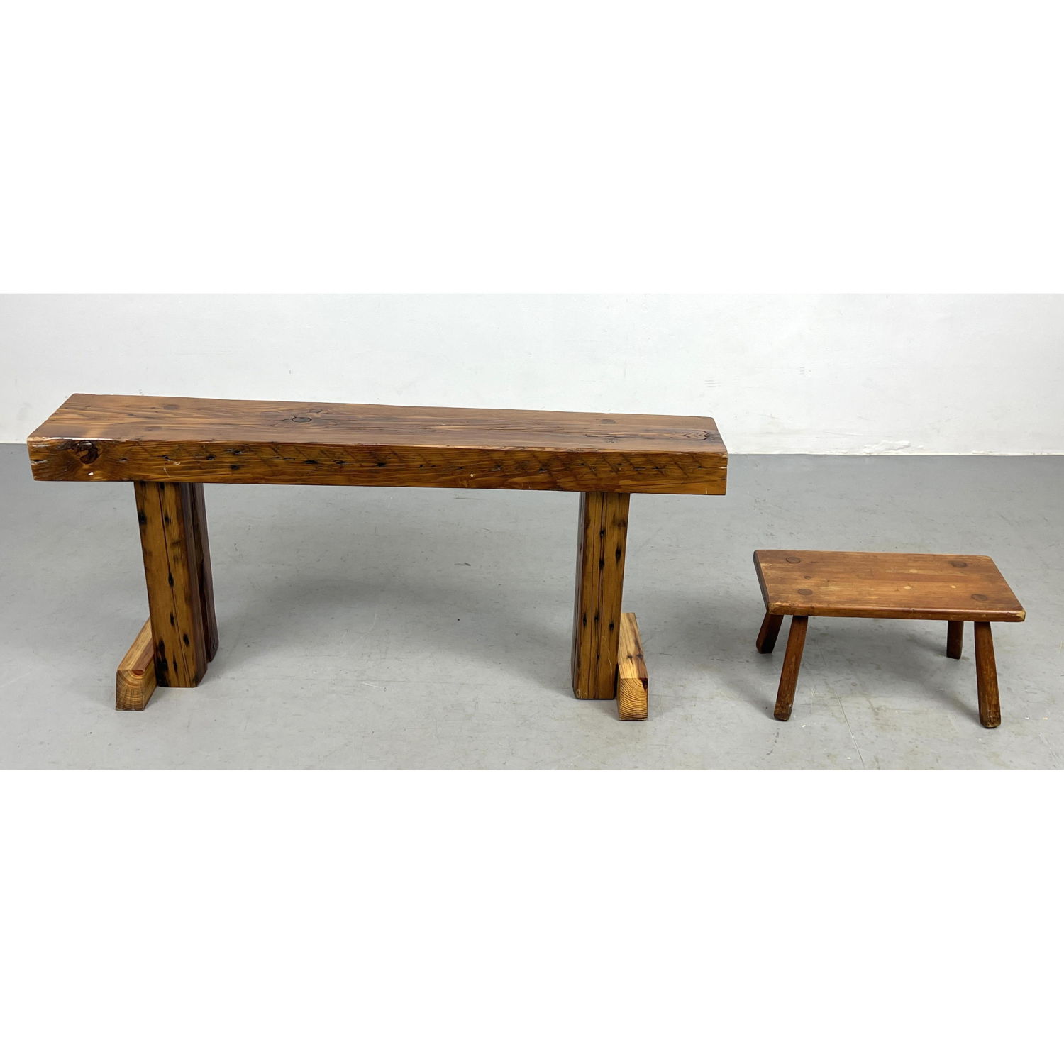 2pc Primitive Pine Bench and Footstool.