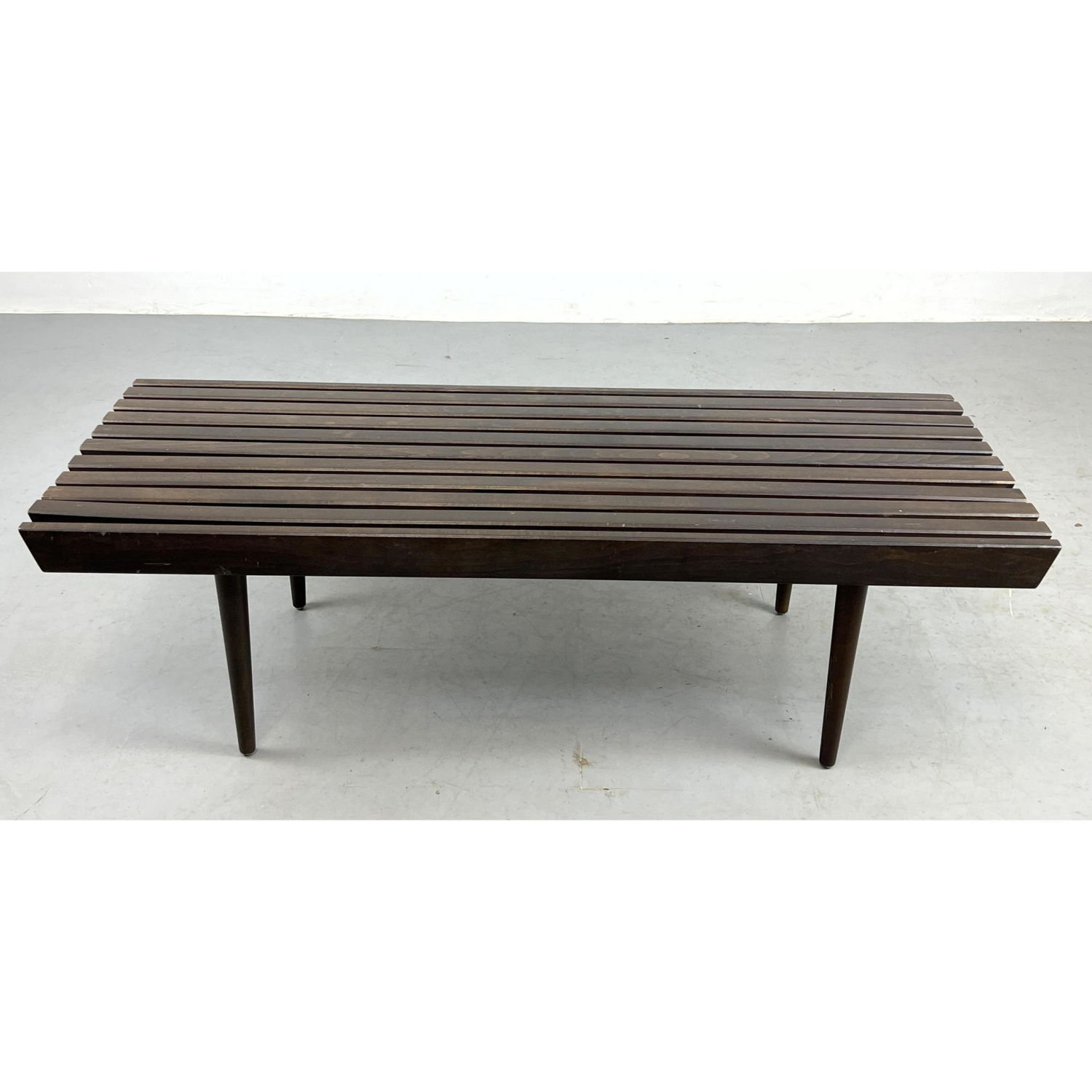 Dark Stained Wood Slat Bench Tapered 2ff092