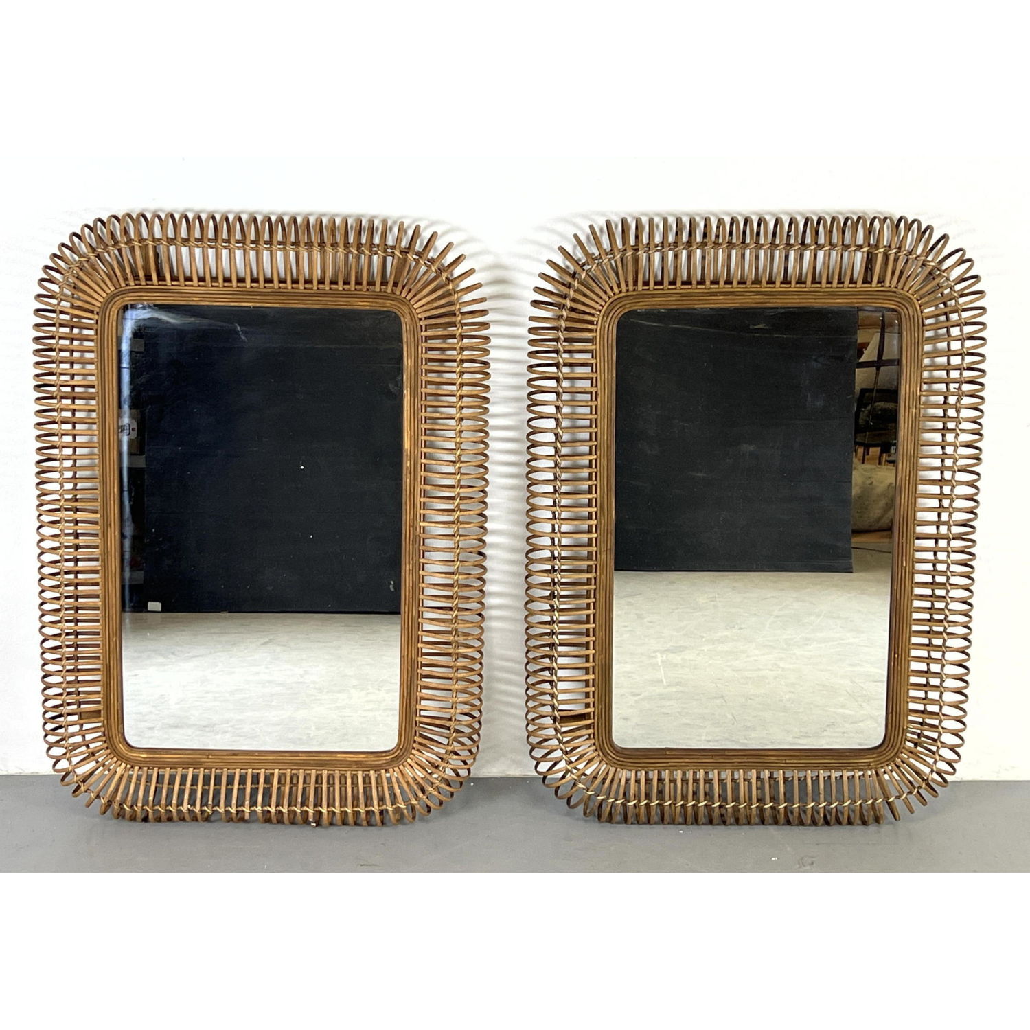 Pair Rattan Wicker Wall Mirrors.