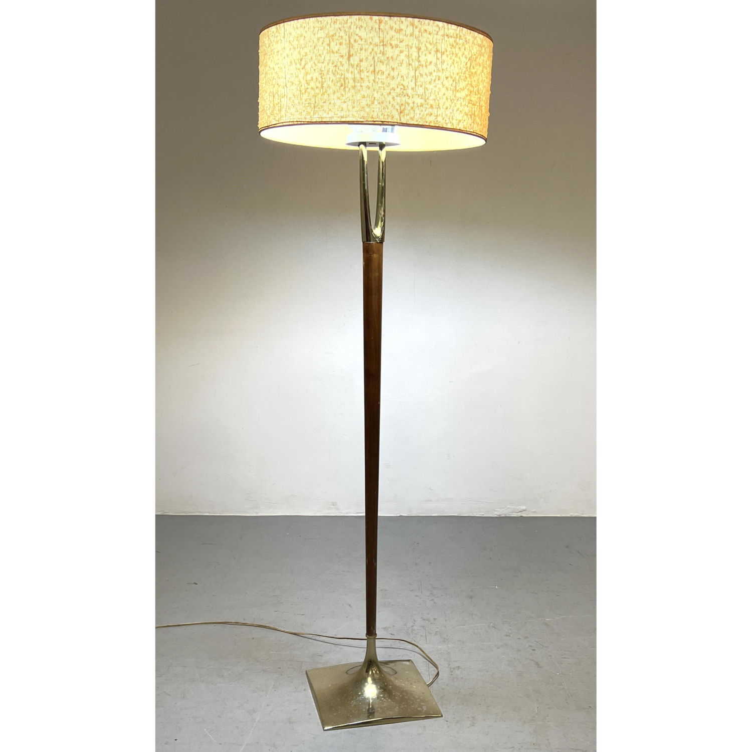 LAUREL Walnut and Brass Floor Lamp.