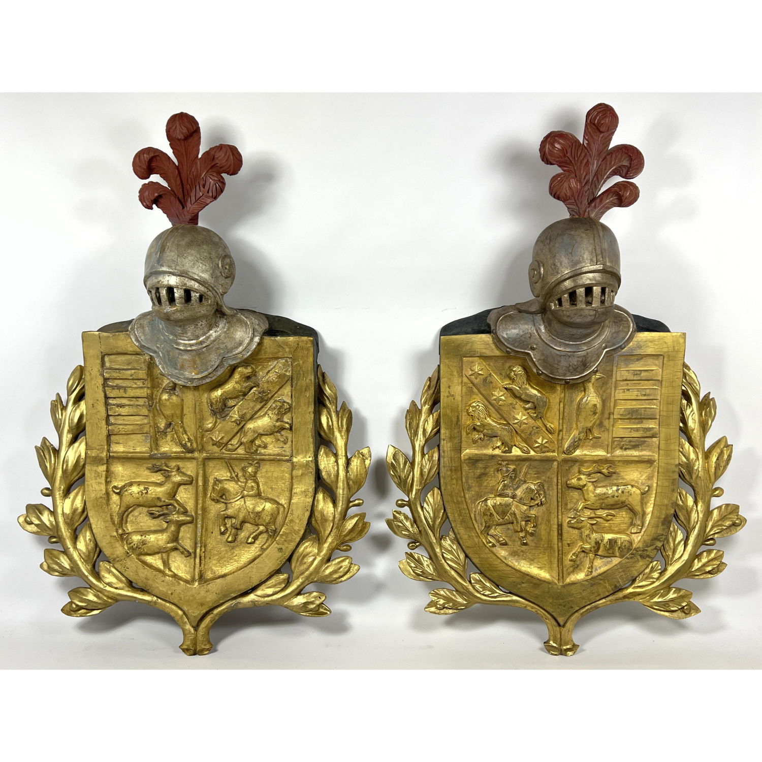 Pr Carved and Painted Wood Heraldry