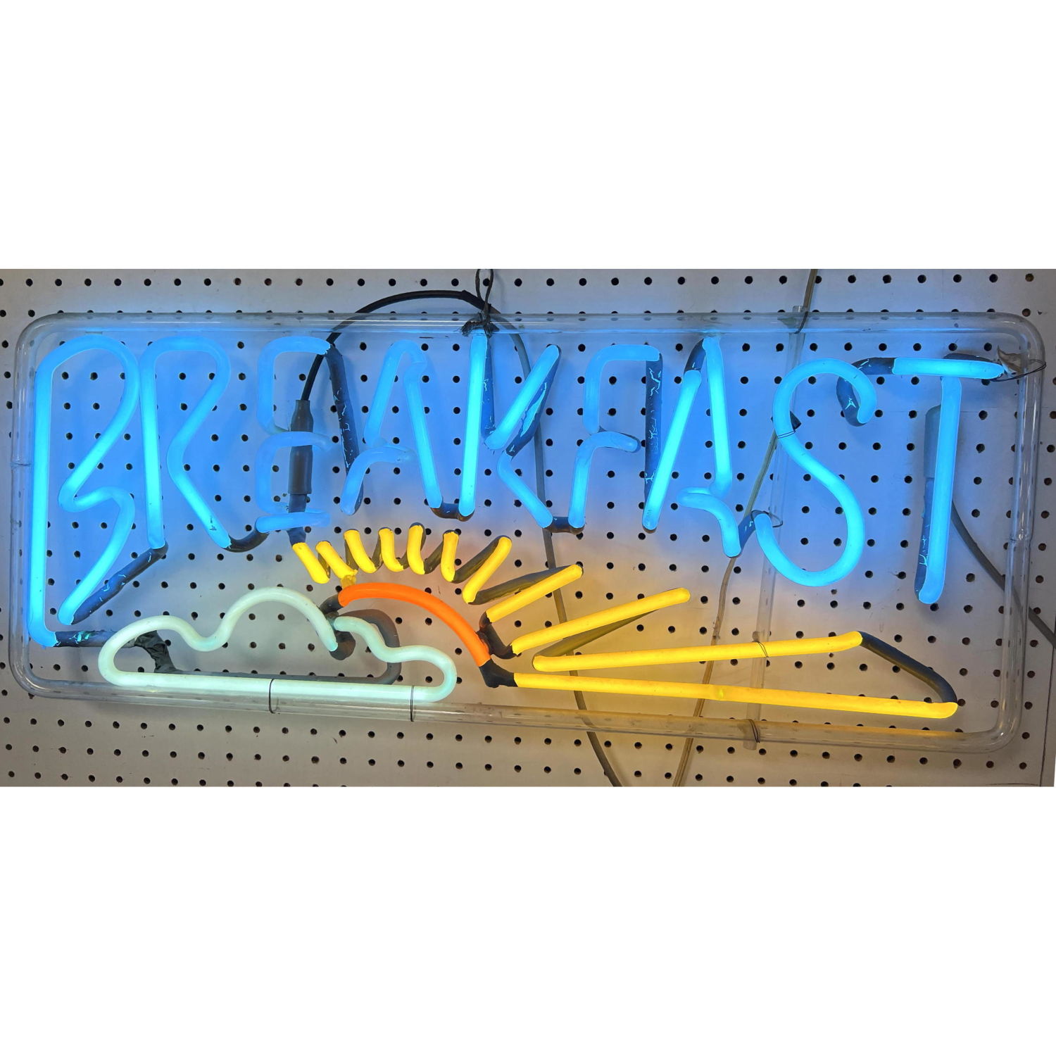 Neon Sign BREAKFAST Blue with sunrise.