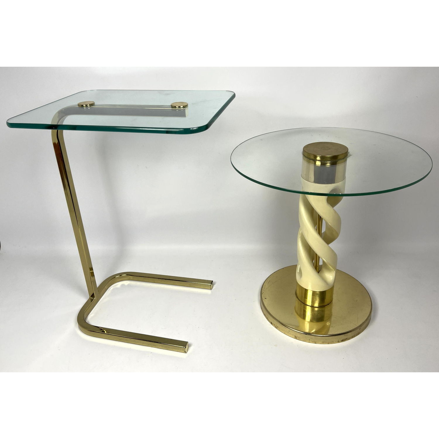 2pc brass glass drink tables. Regency.