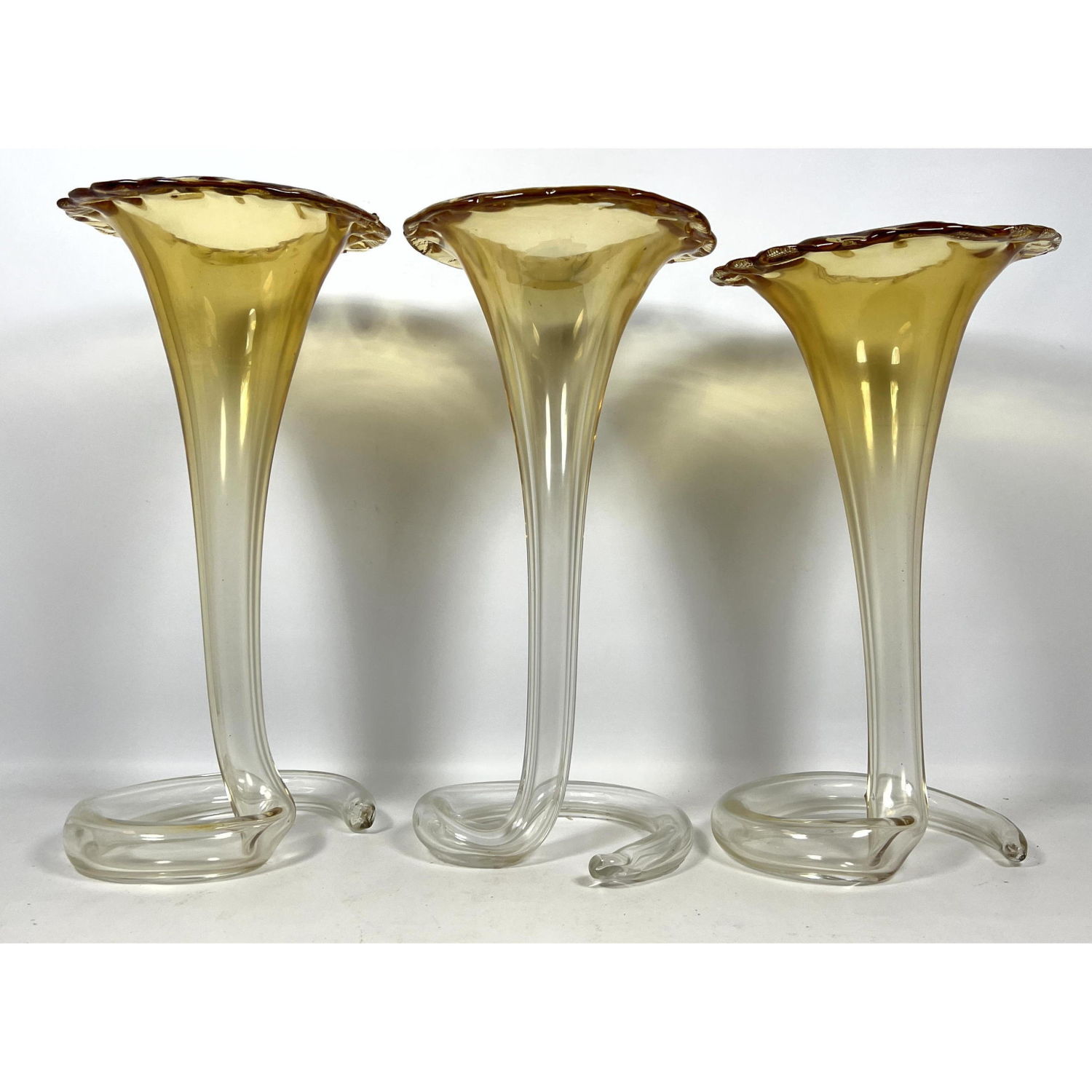 3pc Tall Art Glass Trumpet form Vases.