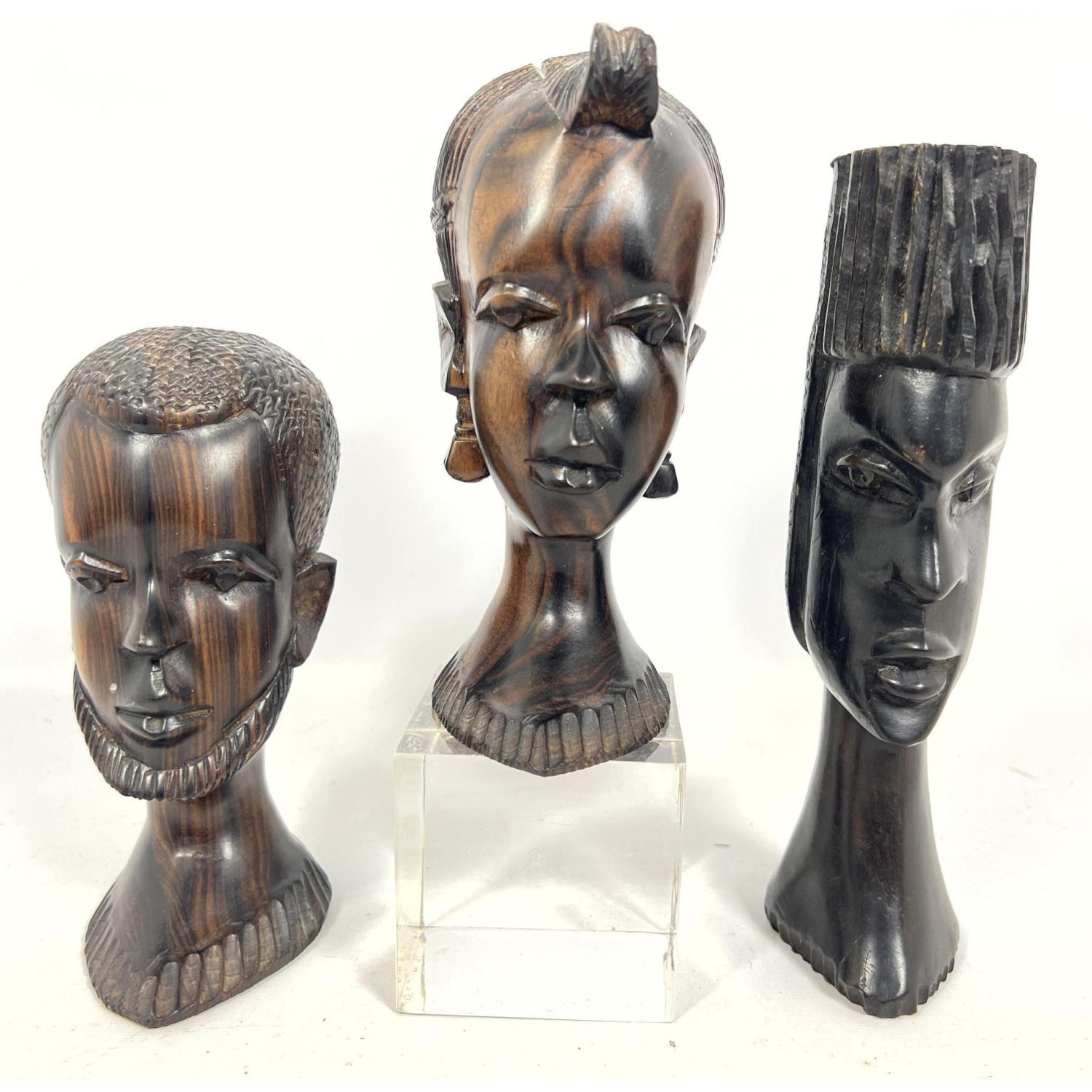 3pc Carved Hard Wood African Head