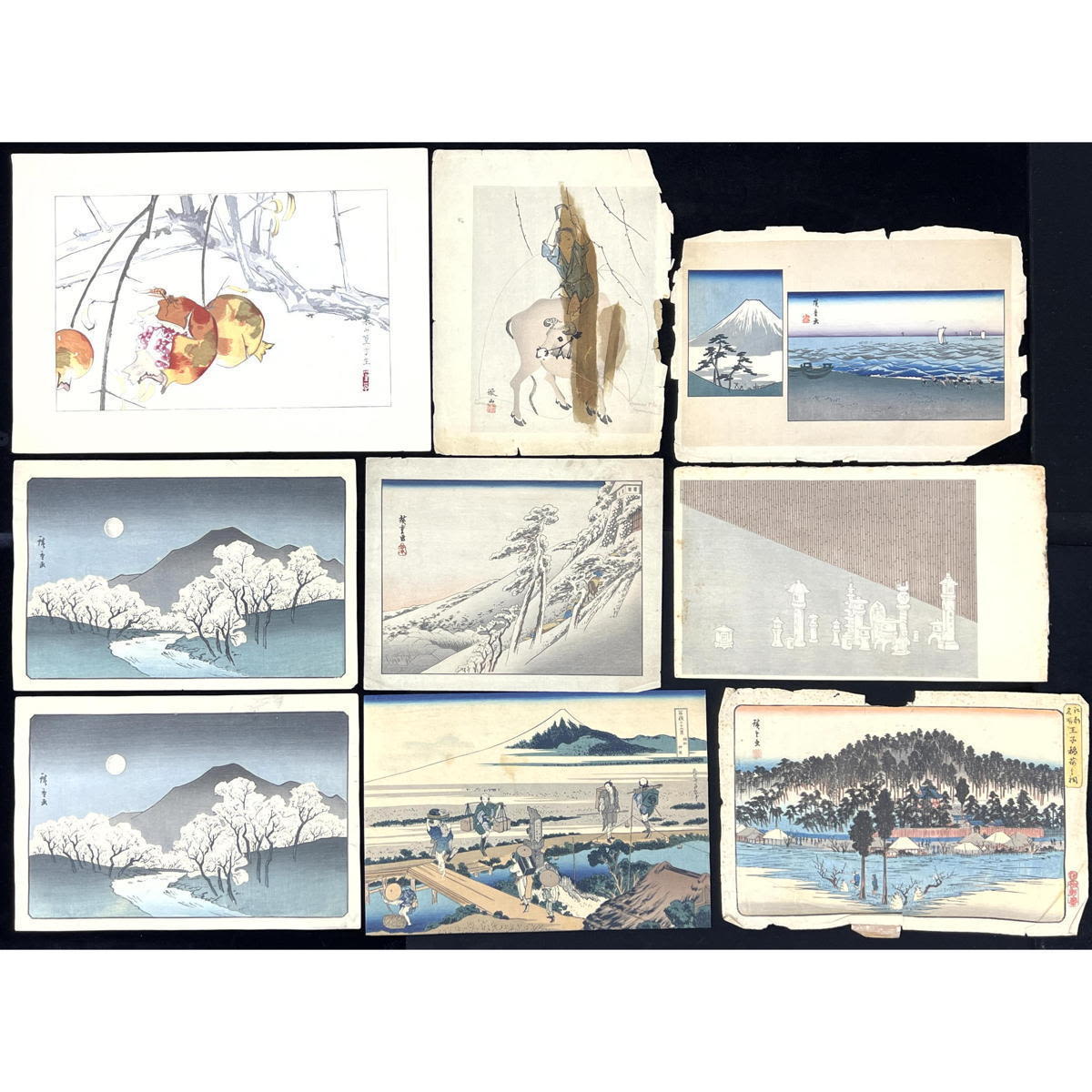 9pc Japanese Woodcut Prints. Scenic