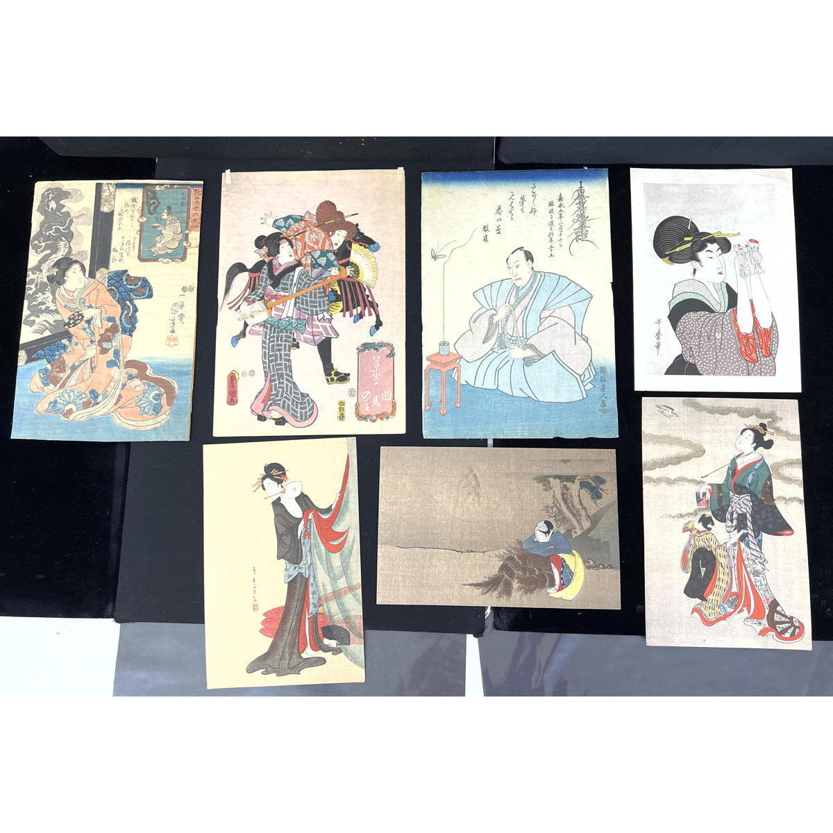 7pc Asian Woodcut Prints. Figural
