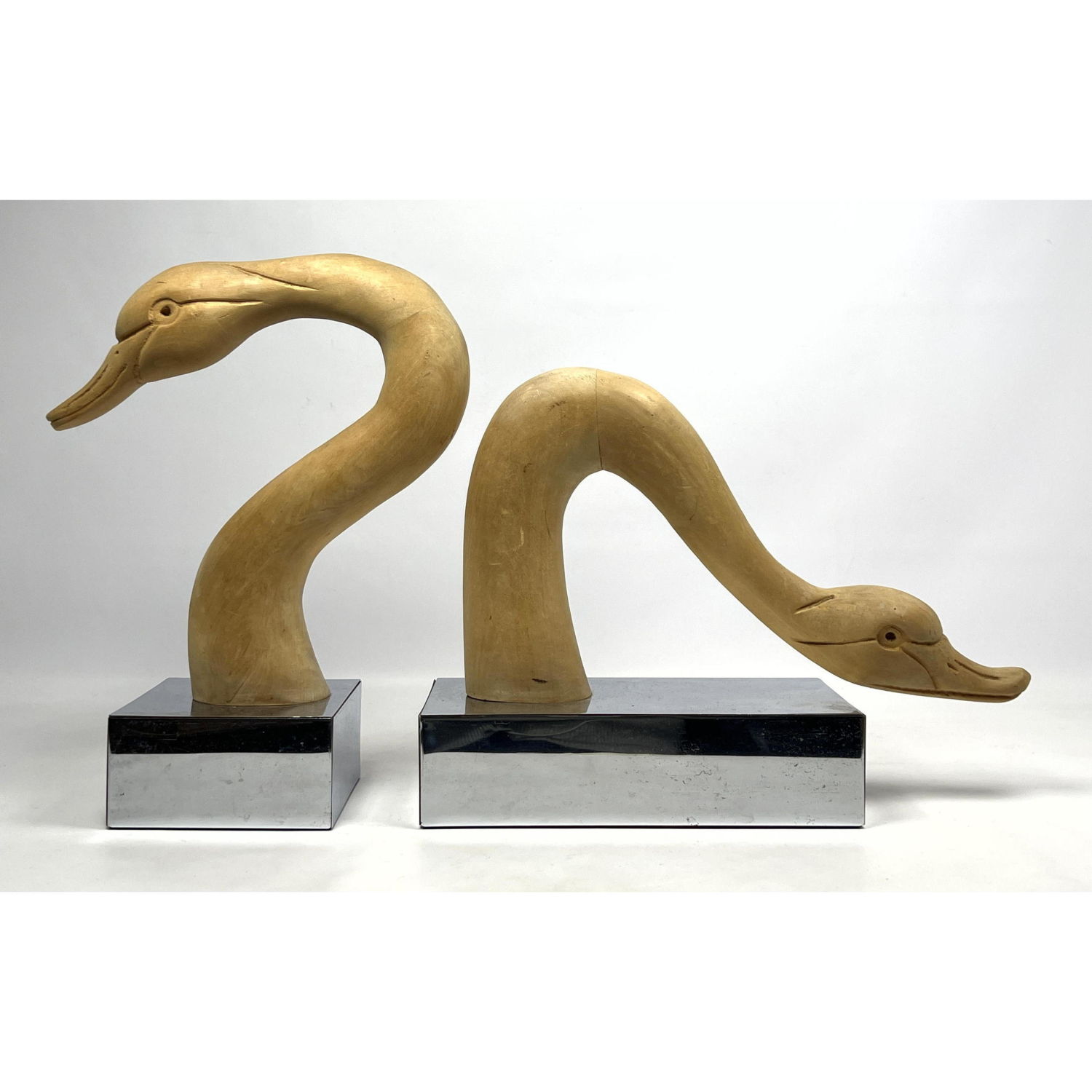 Pr Modernist Carved Wood Swan Head Sculptures.