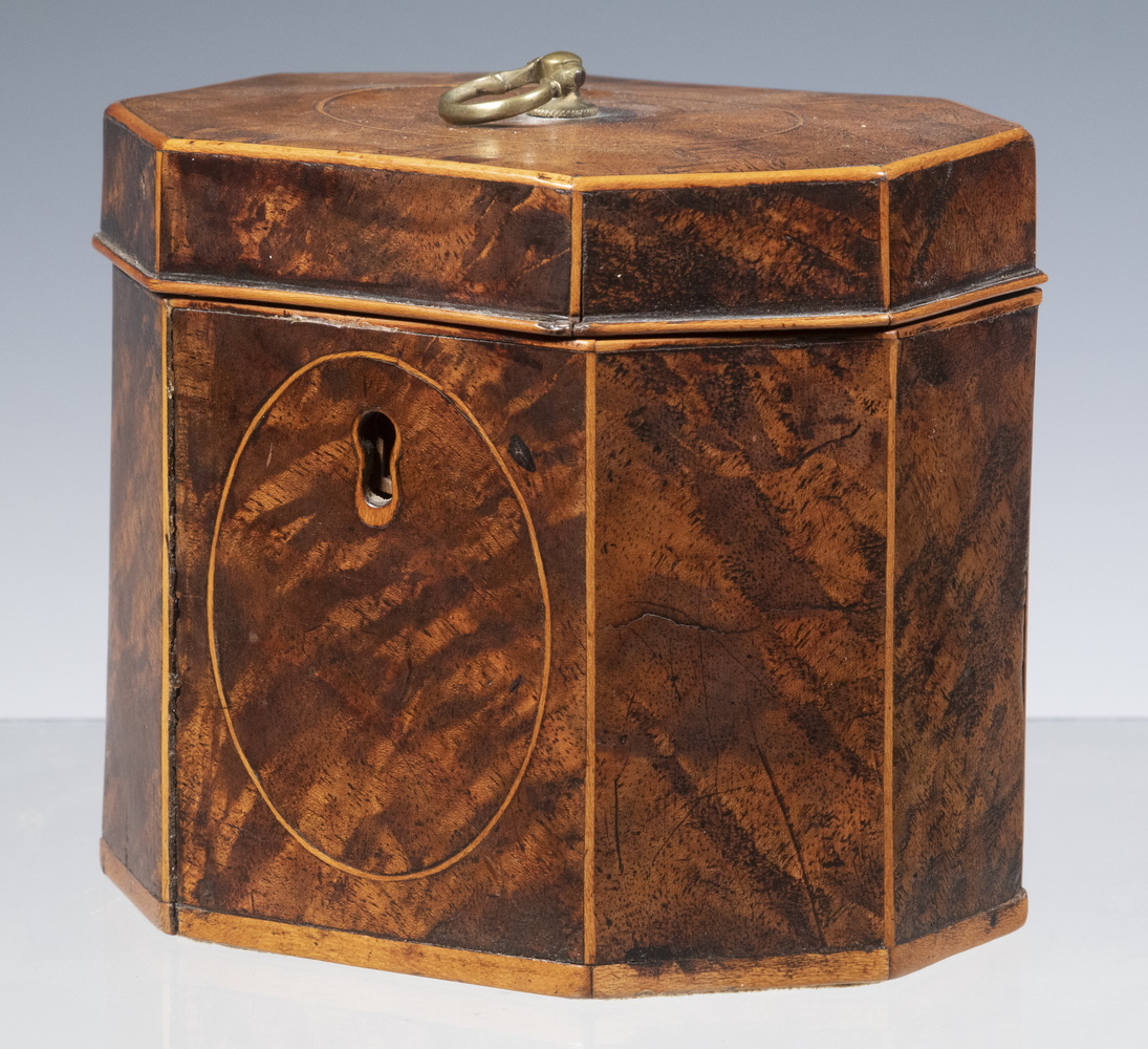 OCTAGONAL BURL VENEERED TEA CADDY