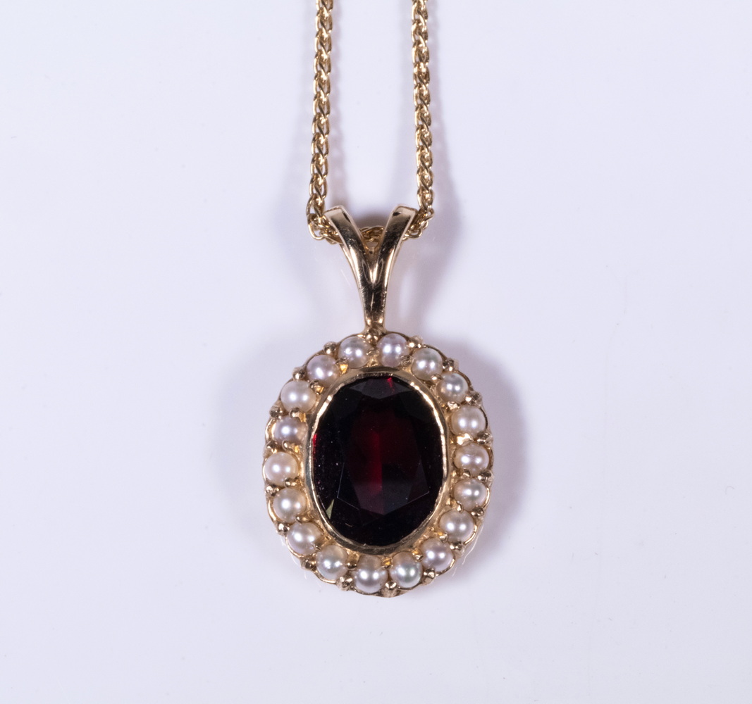 GOLD RUBY PEARL PENDANT ON CHAIN 3021a2