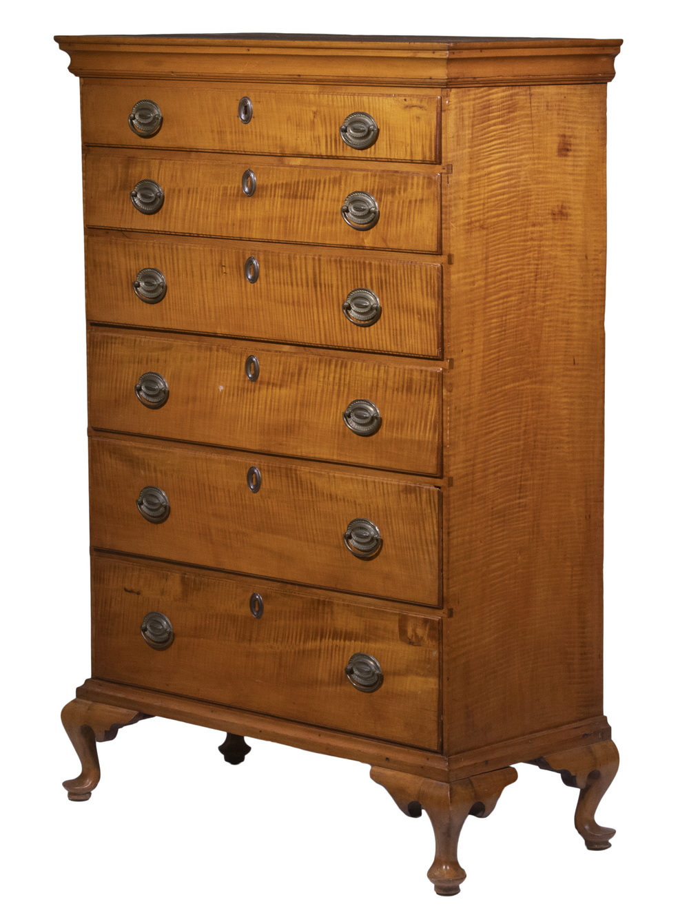 QUEEN ANNE TIGER MAPLE CHEST ON STAND 30228e