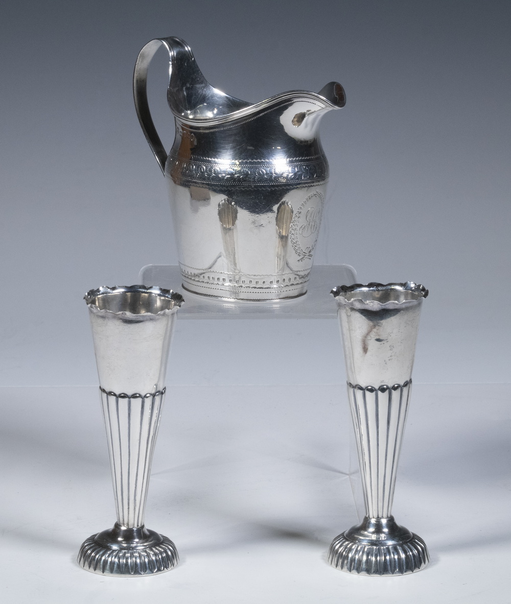 ENGLISH STERLING CREAMER & PR VASES