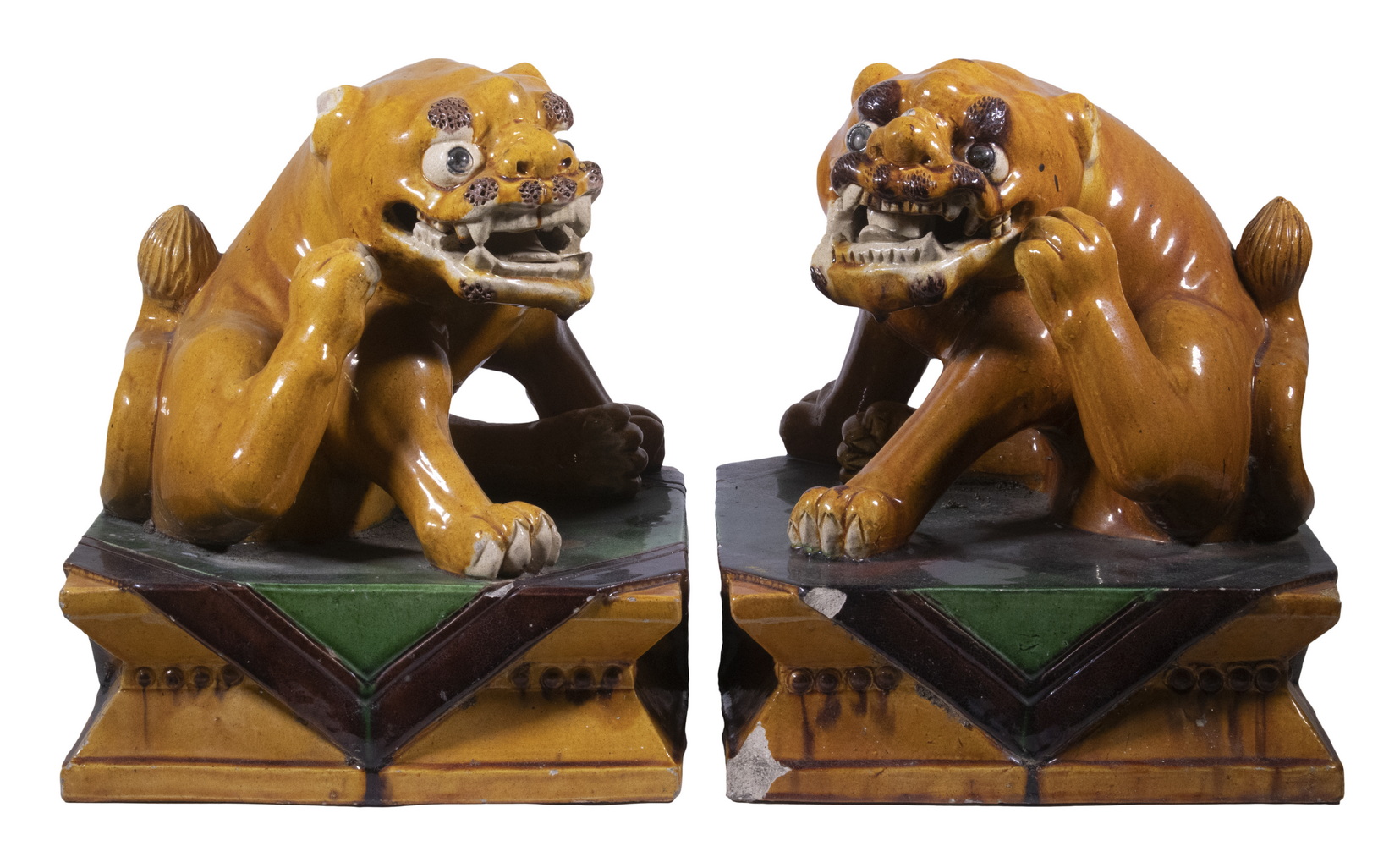 PAIR OF HUMOROUS POTTERY FOO DOG