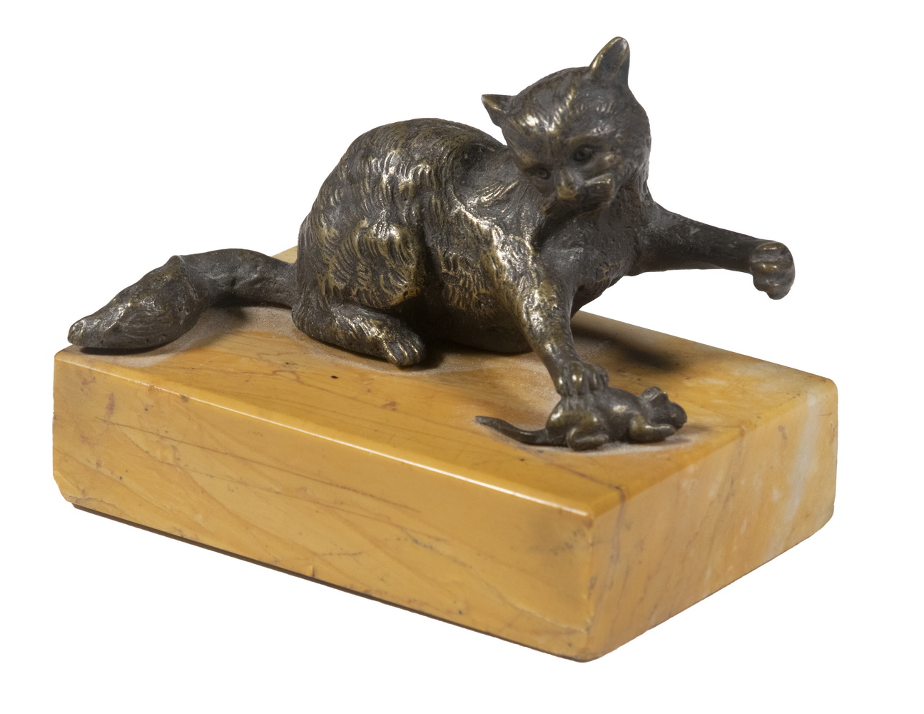 MINIATURE BRONZE OF CAT & MOUSE ON MARBLE