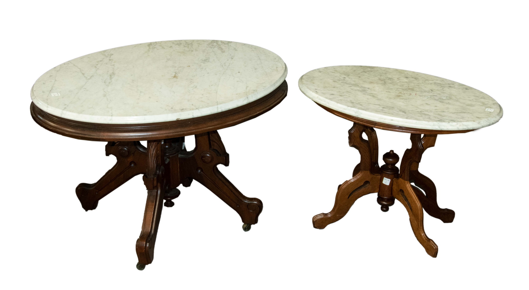 (2) VICTORIAN MARBLE TOP OVAL LOW TABLES